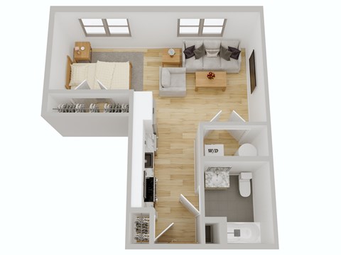 A floor plan of a two-bedroom apartment with a living room, kitchen, and bathroom.